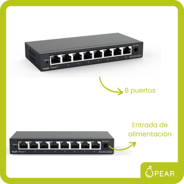 Switch Gigabit 8 Puertos Metálico Ruijie Montable Ethernet