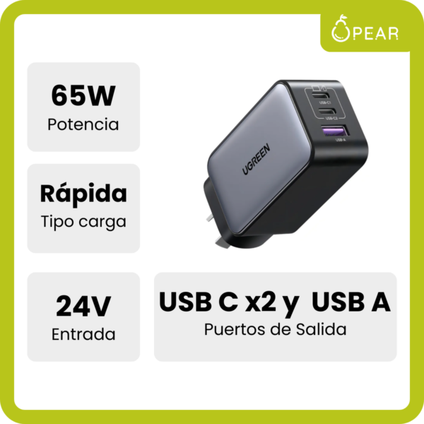 Cargador Celular Carga Rápida 65w Usb C Usb A 3 Puertos