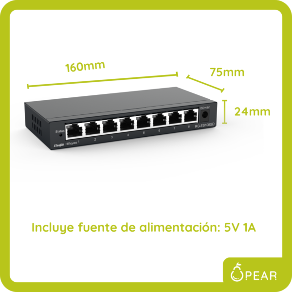 Switch Gigabit 8 Puertos Metálico Ruijie Montable Ethernet