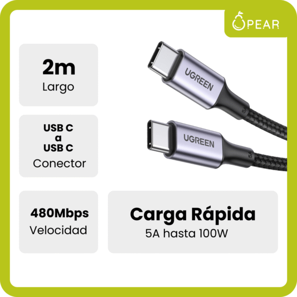Cable Usb C A Usb C Ugreen 2m 100w Carga Rápida Reforzado